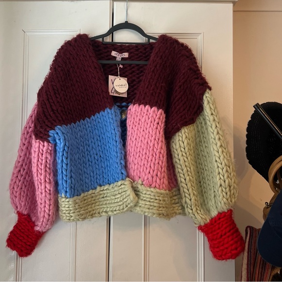 Vrg Grl Sweaters - multi-coloured/colour block hand knit chunky cardigan